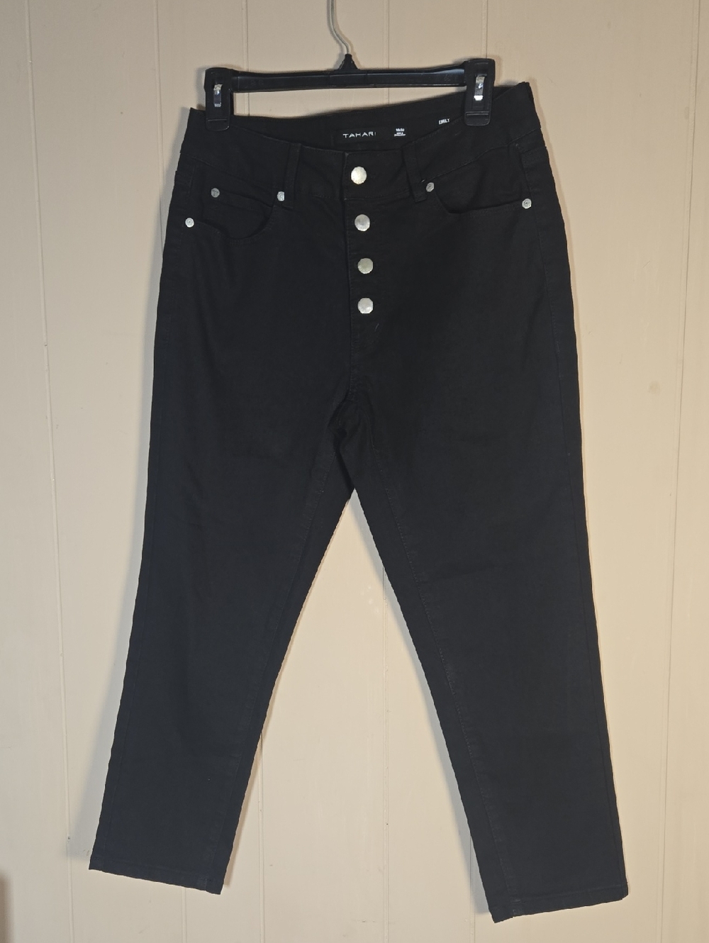 Tahari Black Jeans Size 10/30 Emily Denim Pants Mid-Rise Button Fly Capri